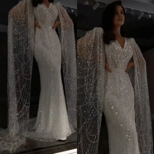 Classic Mermaid Evening Dresses V Neck Long Sleeves Gown Sequins Sweep Train Dress Party Customized Dress