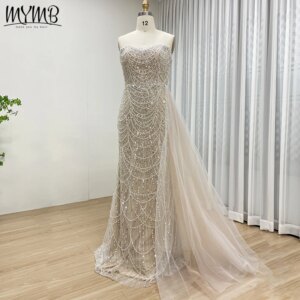 MYMB Luxury Beaded Evening Dresses Gowns Elegant Mermaid White Women Wedding Party Gowns with Side Sparkling Sequins MY30110-L