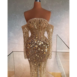 Luxury Golden Off The Handmade Beading Long Sleeves Evening Dress New Fashion Female Floor Length Party Prom Gowns