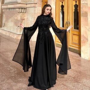 Customized Chiffon Applique Sequined Beading Ruched Valentine’s Day A-line High Collar Bespoke Occasion Gown Long Dresses