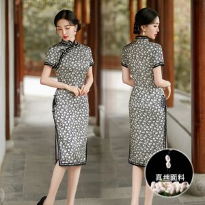 High Quality Real Silk Cheongsam Qipao Spring Young Daily Traditional Chinese Style Overknee Mid-Length Dress