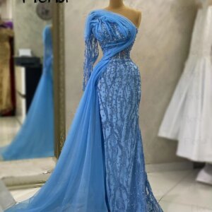Sky Blue Long Prom Dresses Single Sleeve Overskirt Wedding Event Dinner Gowns Arabic Birthday Party Gown Customized Pageant