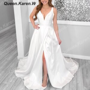 Elegant Boho A line Wedding Dress V neck satin bride dress robe de mariee A line Wedding Bridal Gown