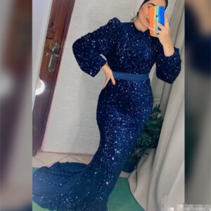Sparkly Blue Sequin Evening Dress High Neck Long Sleeve Mermaid Prom Dresses Arabic Dubai Formal Birthday Party Gown Customized