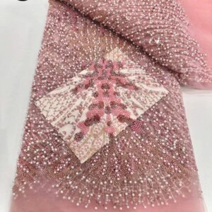 Peach African Glitter Luxury Heavy Beads 2025 French Tulle Bridal Lace Fabric Nigerian Lace Fabric Evening Gown Wedding Material