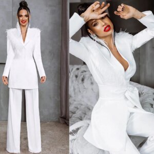 Luxury Feather Women Pants Suit Celebrity Party Wedding Wear With Belt Jacket Blazer Sets 2 Pieces