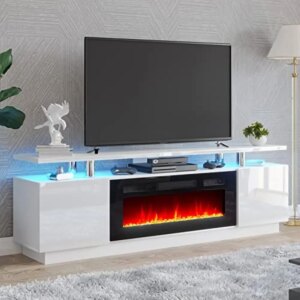 Modern High Gloss 70″ TV Stand with 36″ Fireplace LED Lights Storage Cabinets White Black 80″ TV Console Organized Space 1400W