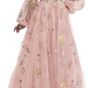 Women’s Puffy Sleeve Tulle Prom Dresses Flower Embroidery Long Formal Evening Party Gowns with Pockets