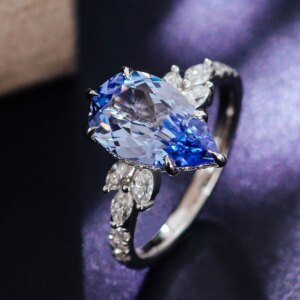 Provence Luxury Wedding Ring 14k Solid Gold Pear Cut blue Lab Gemstone for women crown band Fine Jewelry Personalized Custom