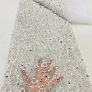 White Lace Fabric 2024 High Quality Luxury Embroidered Dubai New 2024 Beaded Lace Elegant Lace Fabrics For Evening Dress A739-1