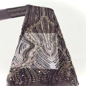2024 High Quality African Nigerian Sequins Sewing Net Cloth Tulle Lace Fabric Prom Dresses Heavy Beads Embroidery Lace For Dress