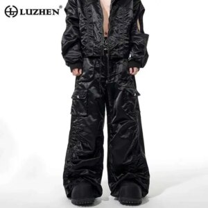 LUZHEN Original Street Fold Design Loose Straight Pants Men’s Stylish 2025 Solid Color Pockets Decorate Wide Leg Trouser LZ9812