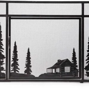 Plow & Hearth Metal Fireplace Screen Cabin Flatguard Black | 44″ W x 33″ H  Spark Guard Indoor Grate  Wood Stove Accessories