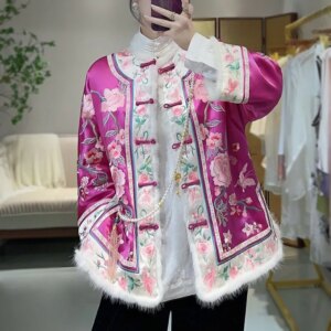 High-end Winter Women Warm Outerwear Retro Embroidery Elegant Lady Luxurious Loose Chinese New Year Acetate Jacket Female S-XXL