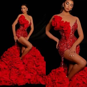 Luxury Evening Dresses For Women Sheer Neck Sleeveless 3D Floral Gown Sequins Crystal Split Side Dress Party Prom Custom Made