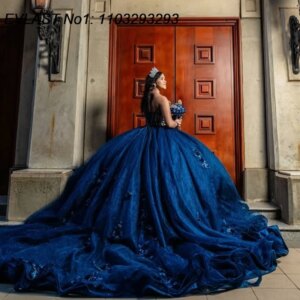 EVLAST Customized 2025 Navy Blue Ball Gown Quinceanera Dress Flowers Applique Beaded Corset Sweet 16 Vestidos De 15 Anos E1Q600