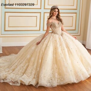 EVLAST Customized Champagne Quinceanera Dress Ball Gown Lace Applique Beading Mexican Corset Sweet 16 Vestidos De 15 Anos TQD849