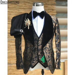 Black Formal Wedding Suits Gold Printing Men’s Business Suit 3 Pieces (Jacket+Vest+Pants) Man Tuxedo Groom Wear