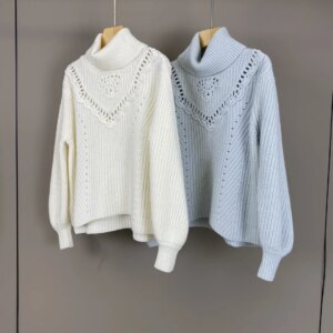 Hollow Out Women’s Cashmere Sweater Autumn Winter Solid Color Turtleneck Long Sleeve Loose Ladies Knitted Pullover