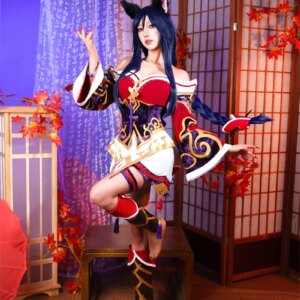 ROLECOS Game Ahri Champion Nine Tails Wildd Riftt Cosplay Costume Ahri Halloween Cosplay Costume Women Red Dress Full Set