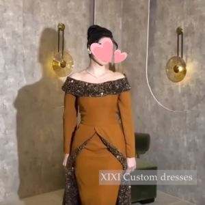 XIXI Customized Evening Dresses A-Line Off-The-Shoulder Neckline Luxury Beadings Prom Dresses Long Sleeves Floor-Length Vestidos