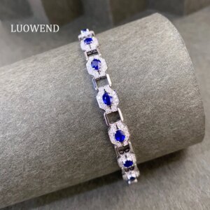 LUOWEND 100% 18K White Gold Bracelet Luxury Diamond Jewelry Natural Sapphire Bracelet for Women Fashion Style Senior Banquet