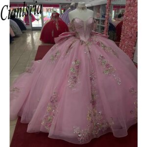 Pink Crystal Beading Tassel Bow Quinceanera Dresses Ball Gown Colorful Appliques Lace Sweet 15 Años Mexican Customized