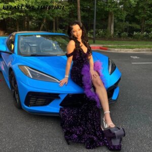 EVLAST Customized African Purple Mermaid Sequins Prom Dress Black Girl High Slit Crystal Beaded Ruffles Party Gown Soirée E2P331