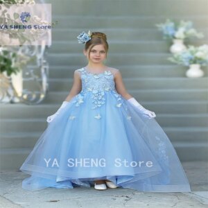 Flower Girl Dress Pleats Tulle A-Line Puff Ruffles Cute Dress For Kids First Communion Birthday Party Gown Customized