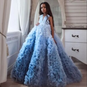 Blue Girls Pageant Dresses Ball Gown V-neck Tulle Ruffled Flower Girl Dresses For Weddings First Communion Dresses Kids Baby