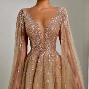 Bella Champagne A Line Prom Dresses Deep V Neck Lace Wedding Party Dress Customized Long Sleeve Evening Vestidos De Fiesta