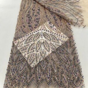 Gold Sequin Lace Fabric 5 Yards Party Bridal Dubai Handmade Crystal Beads New High Quality Luxury Fabric for Party Dress Q305-1