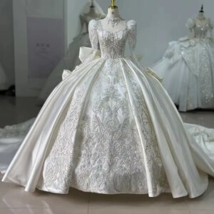 Vestido Casamento Noiva Civil Ball Gown Square Collar Long Sleeve Lace Up Back Beading Crystal Bow Customized Wedding Dress