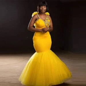 Exquisite Yellow Mermaid Prom Dresses Lace Appliques Beaded Straps Evening Gowns Tulle Floor Length African Black Girls Party D