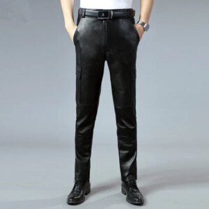 Men’s Cowskin Pants, Motorcycle Cargo Pants, Goatskin, Casual Slimming, Autumn And Winter, Cycling Leather Pants