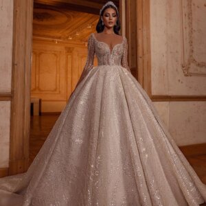 Shiny Sequined V-Neck Bridal Gown 2025 Charming Applique Wedding Dress Romantic Long Sleeve Floor-Length Gown Customized