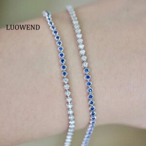 LUOWEND 18K White Gold Bracelet Romantic Elegant Style Real Natural Diamond and Sapphire Bracelet for Women High Wedding Jewelry
