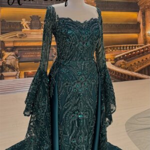 Bell Long Sleeve Dark Green Evening Dress With Overskirt 2025 Beaded Sequins Wedding Party Dresses Customized Formal Prom Gowns