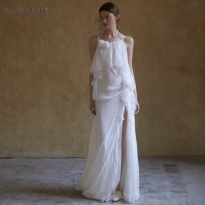 Halter Chiffon Wedding Dresses With Ruffles ,Side Split Bohemian Bridal Gowns Vestido De Noivas DW1025