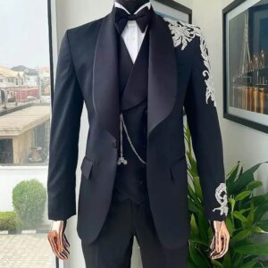 Mens Suit 3 Piece Jacket Vest Pants Luxury Handmade Beads Customized Slim Fit Groom Tuxedo Wedding Formal Tailored Party Wear