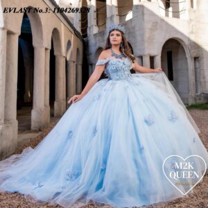 EVLAST Customized Shiny Sky Blue Quinceanera Dress Ball Gown Butterfly Applique Beaded Corset Sweet 16 Vestidos De 15 Anos E3Q35