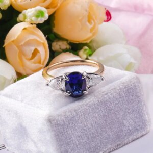 Provence  trilogy rings wedding Ring 14K18KGold Blue Oval cut Lab Gemstone DEF/VS Pear cut Lab Diamonds two colour ring Custom