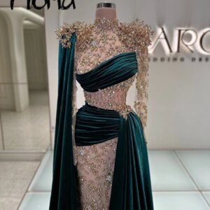Exquisite Green Evening Dresses Long Cape Sleeve Mermaid Pageant Birthday Prom Party Gowns Muslim Vestidos De Noche Customized