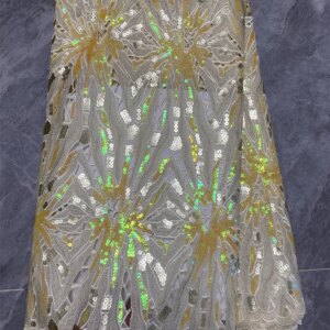 Luxury African Organza Sequence Lace Fabric 2024 High Quality Nigerian White /Gold Lace Fabric 5 Yards For Wedding Dress A251-2