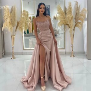 Satin Slit Evening Dresses Ball Gown Strapless Sequins Appliques Elegant Prom Dress Woman Party Robe De Soiree فستان سهرة