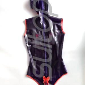 women’s rubber leotard latex bodysuits with glued hoods in blackr with back zip and open brest and crotch and mouth