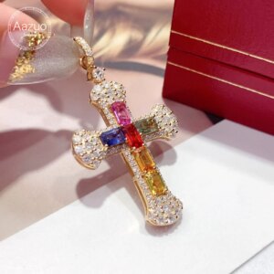 Aazuo Luxurylifestyle18K Yellow Gold Natural Sapphire Real Diamond Rainbow Cross Necklace Gifted For Women Birtthday Party