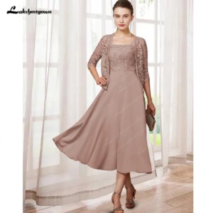 Two Piece A-Line Mother of the Bride Dress Elegant Jewel Neck Tea Length Chiffon Lace Half Sleeve with Appliques