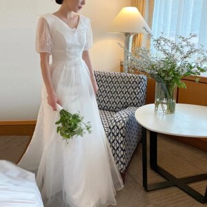 Organza And Lace Wedding Dress V Neck Short Sleeves Outdoor Garden Bridal Gown A Line Floor Length Bridal Party Dress G4977