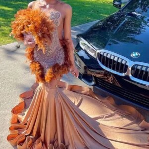Formal Women Evening Dresses Strapless Feathers Sleeveless Chic Gowns Straight Special Occasion Prom Party Luxury Gowns Women